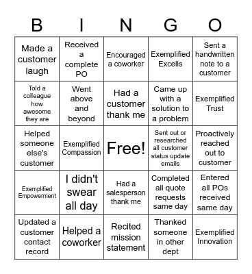 Ecore Customer Service Bingo Card