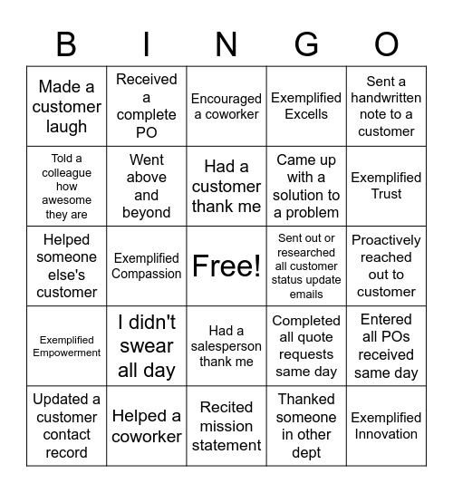 Ecore Customer Service Bingo Card