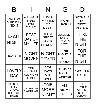 DAY AND NIGHT Bingo Card