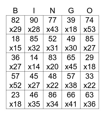 Two Digit by Two Digit Multiplication Bingo Card