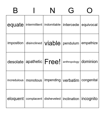 8th Grade Vocabulary Bingo Card