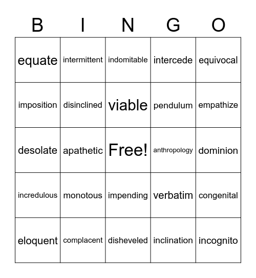 8th Grade Vocabulary Bingo Card