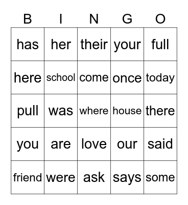 Spelling words Bingo Card