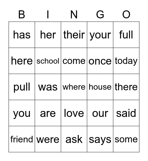 Spelling words Bingo Card