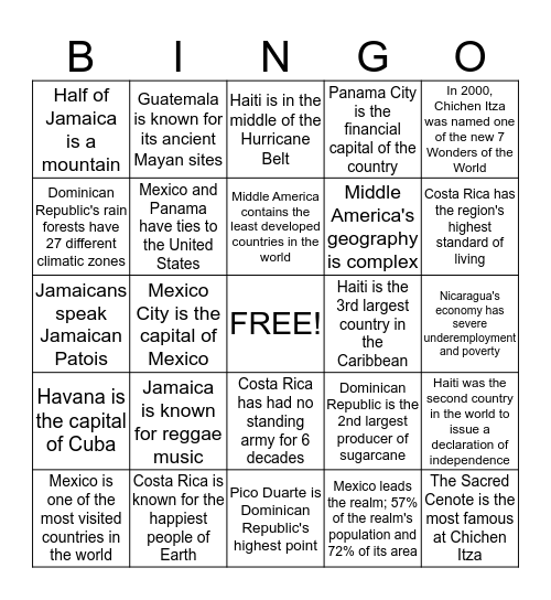 Middle America Bingo Card