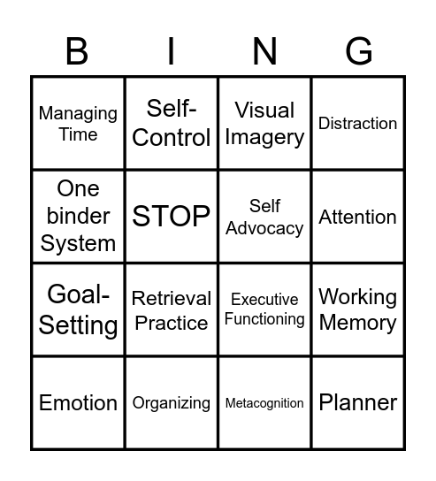 Executive Functioning Bingo Card