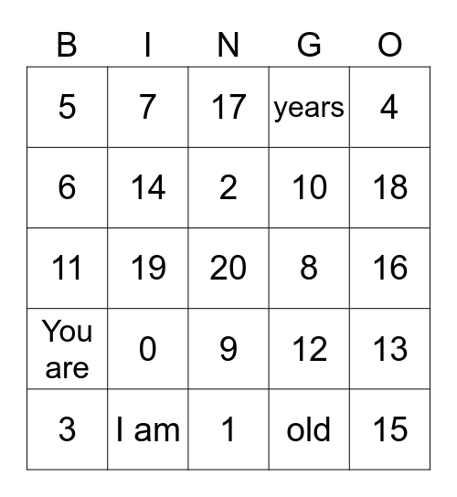 Nummern Bingo Card