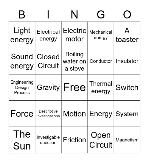 Energy Pathways Bingo Card