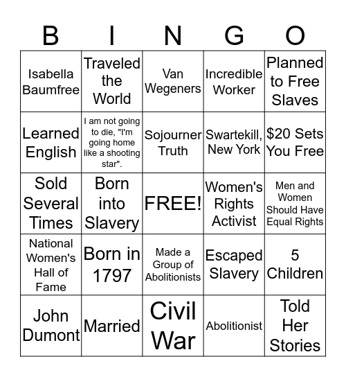 Sojourner Truth Bingo Card