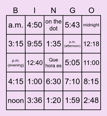 Telling Time Bingo Card