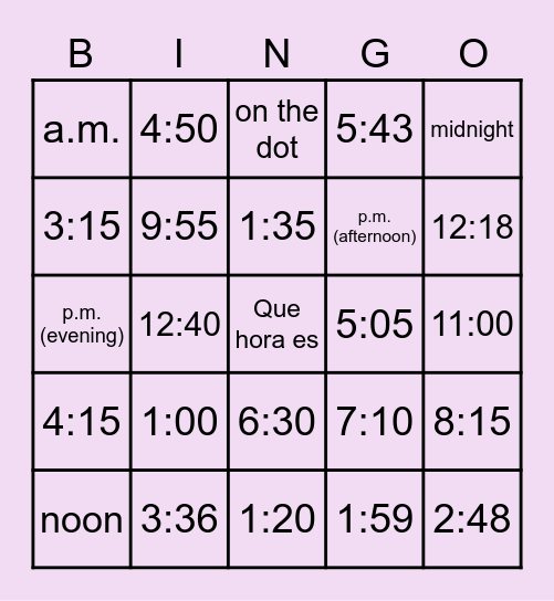 Telling Time Bingo Card