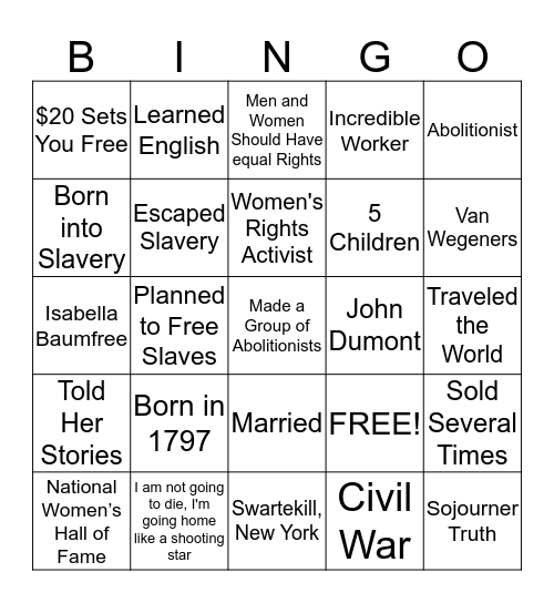 Sojourner Truth Bingo Card