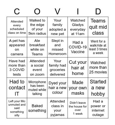 Online Learning/Lockdown - 2021 Bingo Card