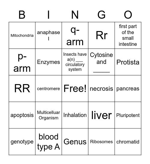 Biology Senior Bingo Card