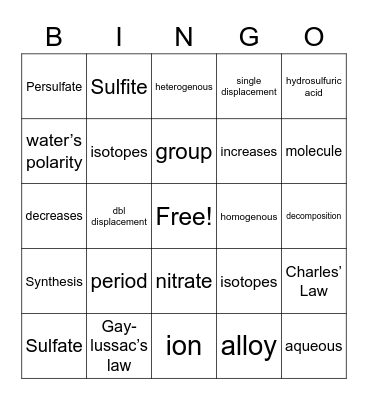 Chemistry Senior Bingo Card