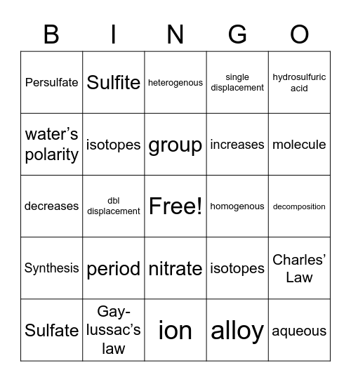 Chemistry Senior Bingo Card