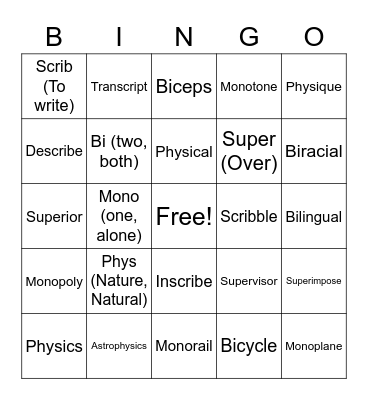 Unit 2 Root Words Bingo Card