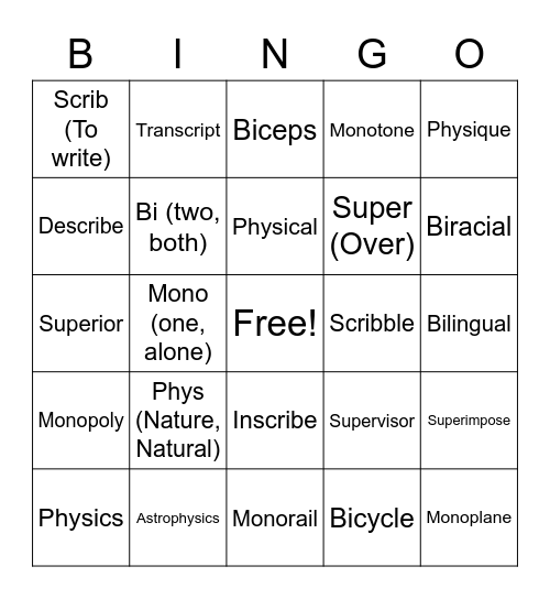 Unit 2 Root Words Bingo Card