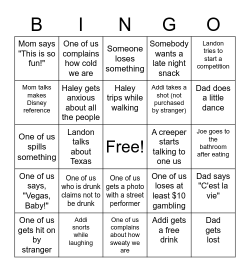 Vegas 21st Birthday- After Dark Bingo Card