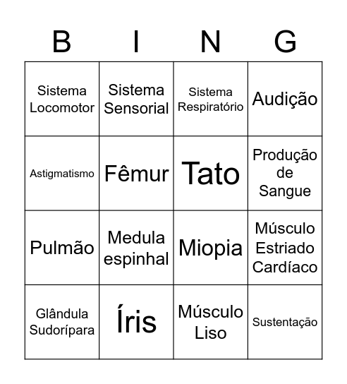 Bingo Revisão Sistemas do Corpo Humano Bingo Card