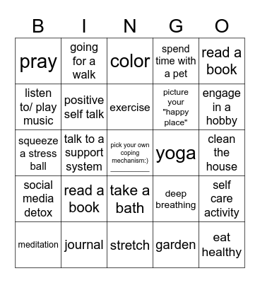 Coping Mechanisms Bingo Card