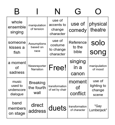 Come From Away Bingo Card