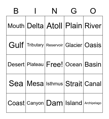 Geography Landforms Bingo Card