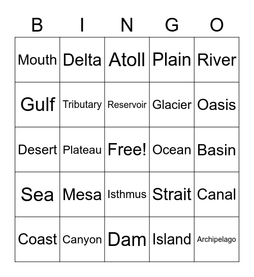 Geography Landforms Bingo Card