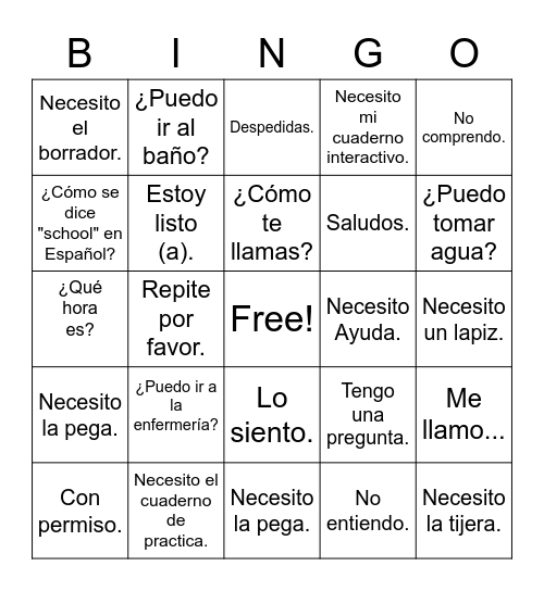 Magic Passwords in Spanish Plus Bingo Card