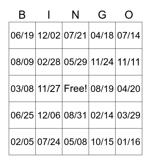 Les Dates Bingo Card