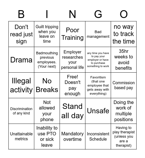 Quit your job bingo! Bingo Card