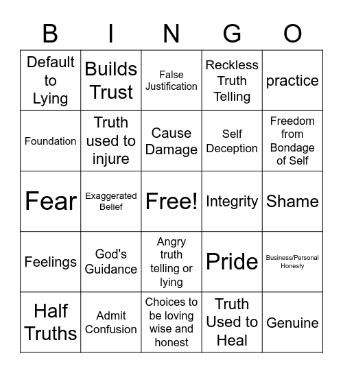 Honesty Bingo Card