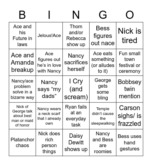 Nancy Drew 3x01 Bingo Card