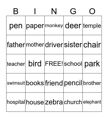 People, Animals, Things, and Places,  Bingo Card