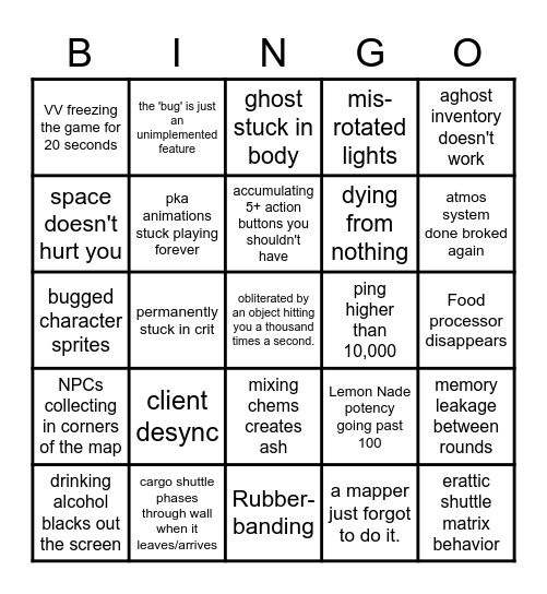 Unitystation bug test bingo Card