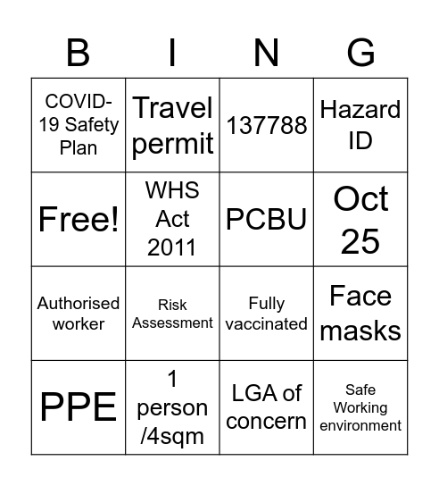 National Safe Work Month Bingo Card