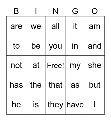 Sight Words Bingo Card