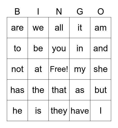 Sight Words Bingo Card