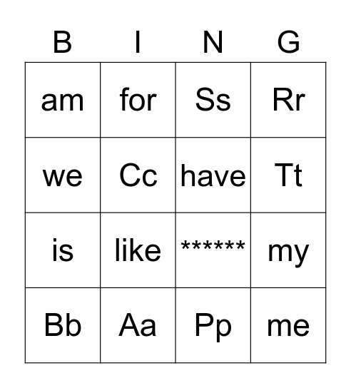 Alphabet and Sight Word Bingo Card