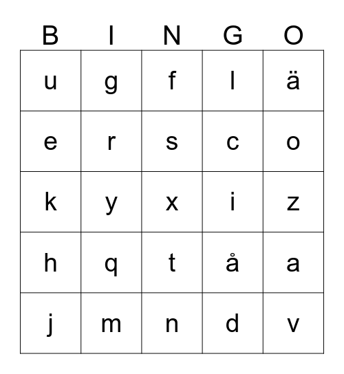 Små bokstäver Bingo Card