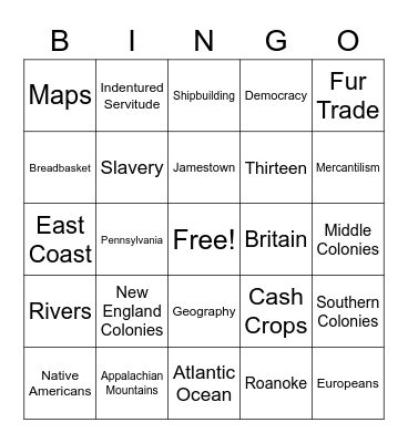 Colonial Bingo Card