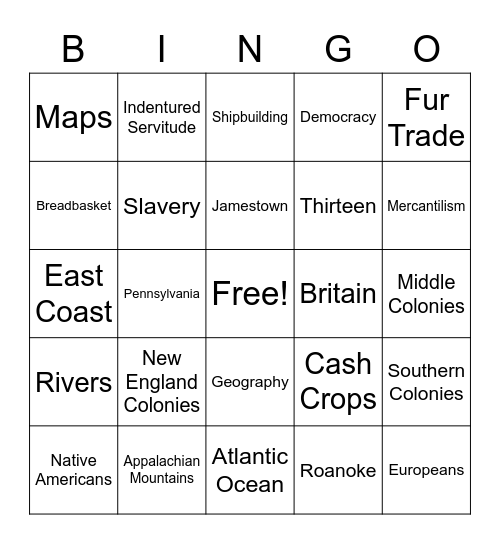 Colonial Bingo Card