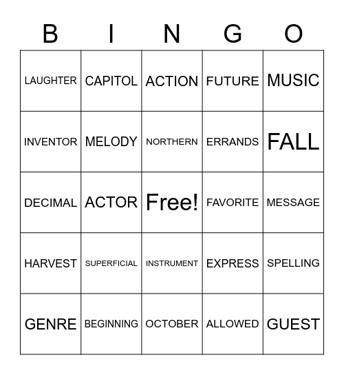 SPELLING LIST 1, 2, 3 Bingo Card