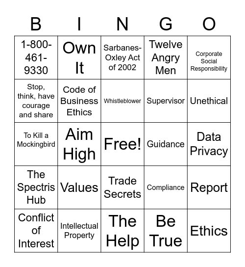 Ethics Day 2021 Bingo Card