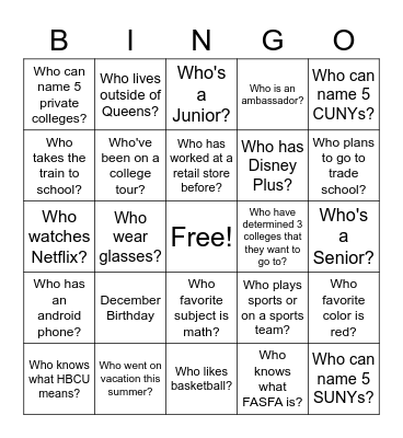 Getting to know you Bingo Card