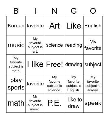 My favorite subject is music Bingo Card