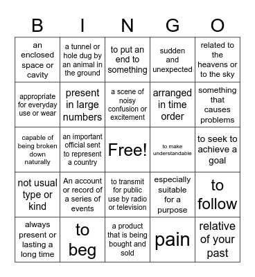 Vocabulary Bingo Card