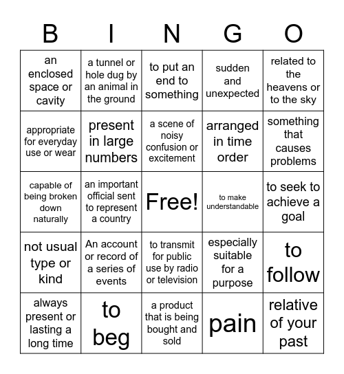 Vocabulary Bingo Card