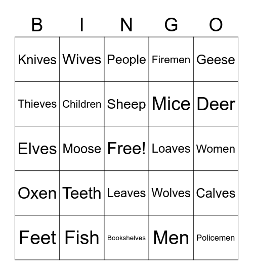 Irregular Plurals Bingo Card