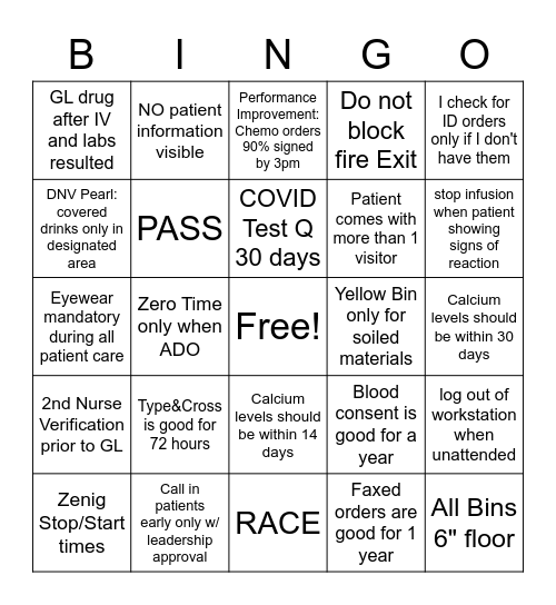 Infusion Bingo Card